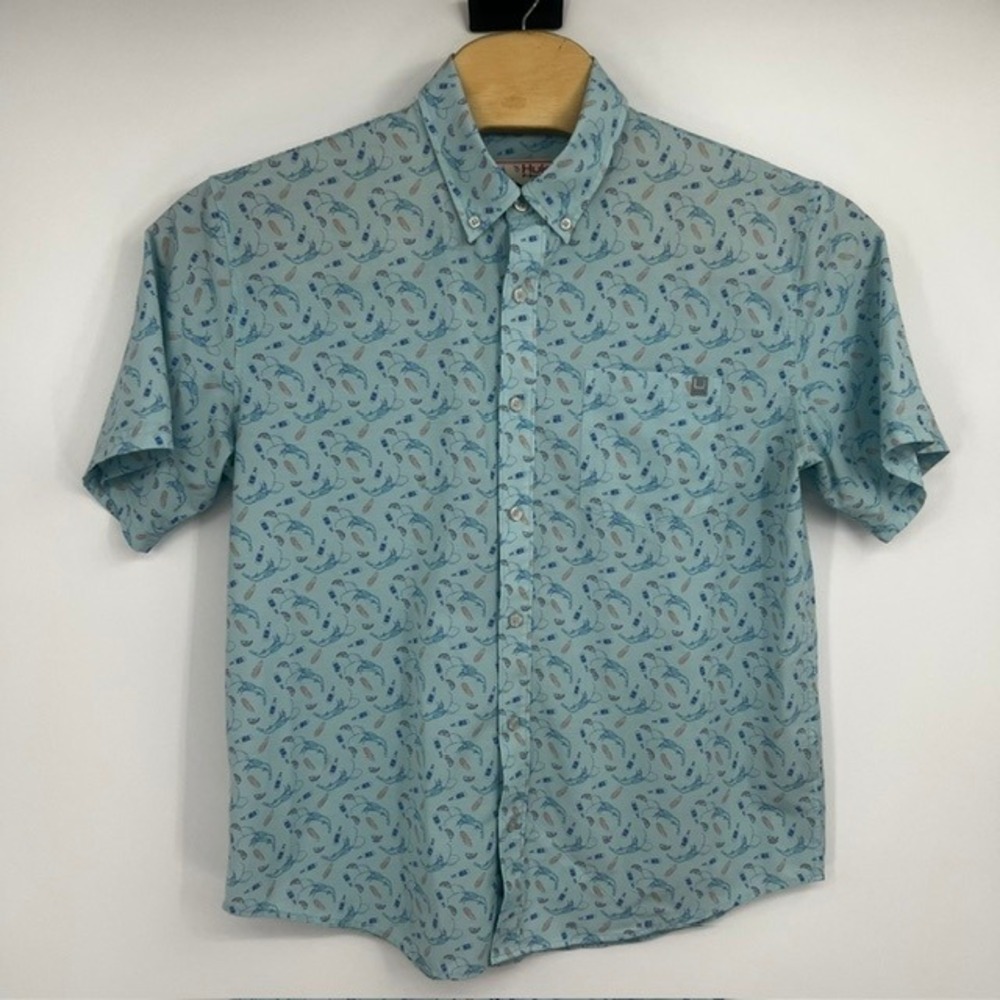 Huk Fishing Shirt Men's Large Blue Shrimp Boil Print Short Sleeve Button Down